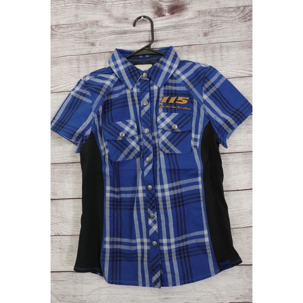 Harley Davidson Small 115 Plaid Blue Button Up Genuine Biker Short Sleeve Shirt